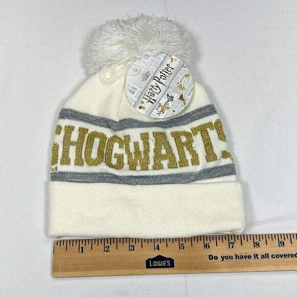 Hogwarts Harry Potter Pompom Ivory Gold Beanie Hat Youth OSFM NWT - Picture 5 of 6